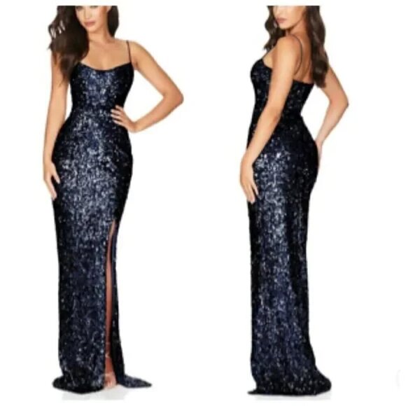 Nookie Confetti Sequined Formal Black Tie Long Gown Medium in Navy